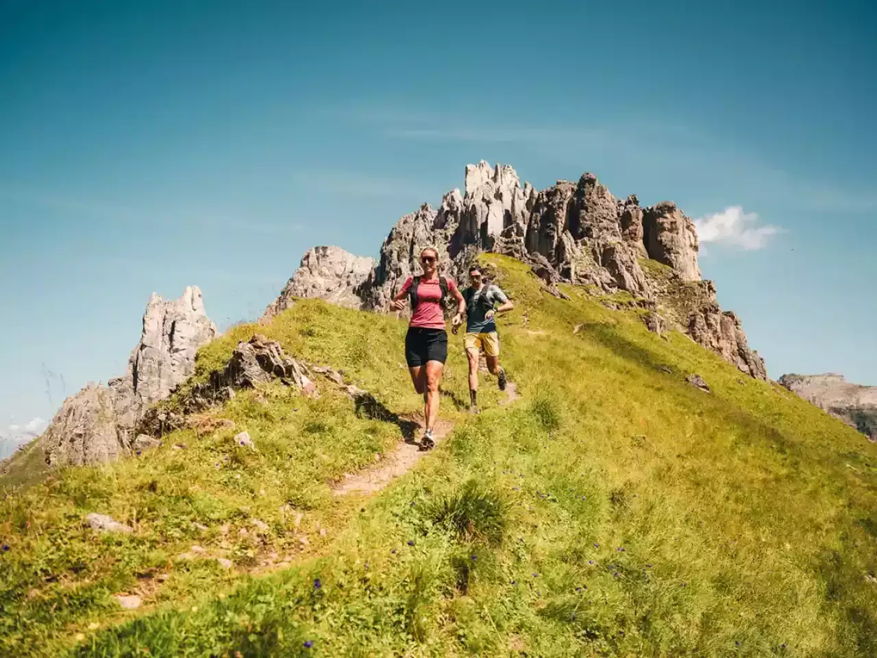Zwei Wanderer gehen eine Steig den Berg hinunter