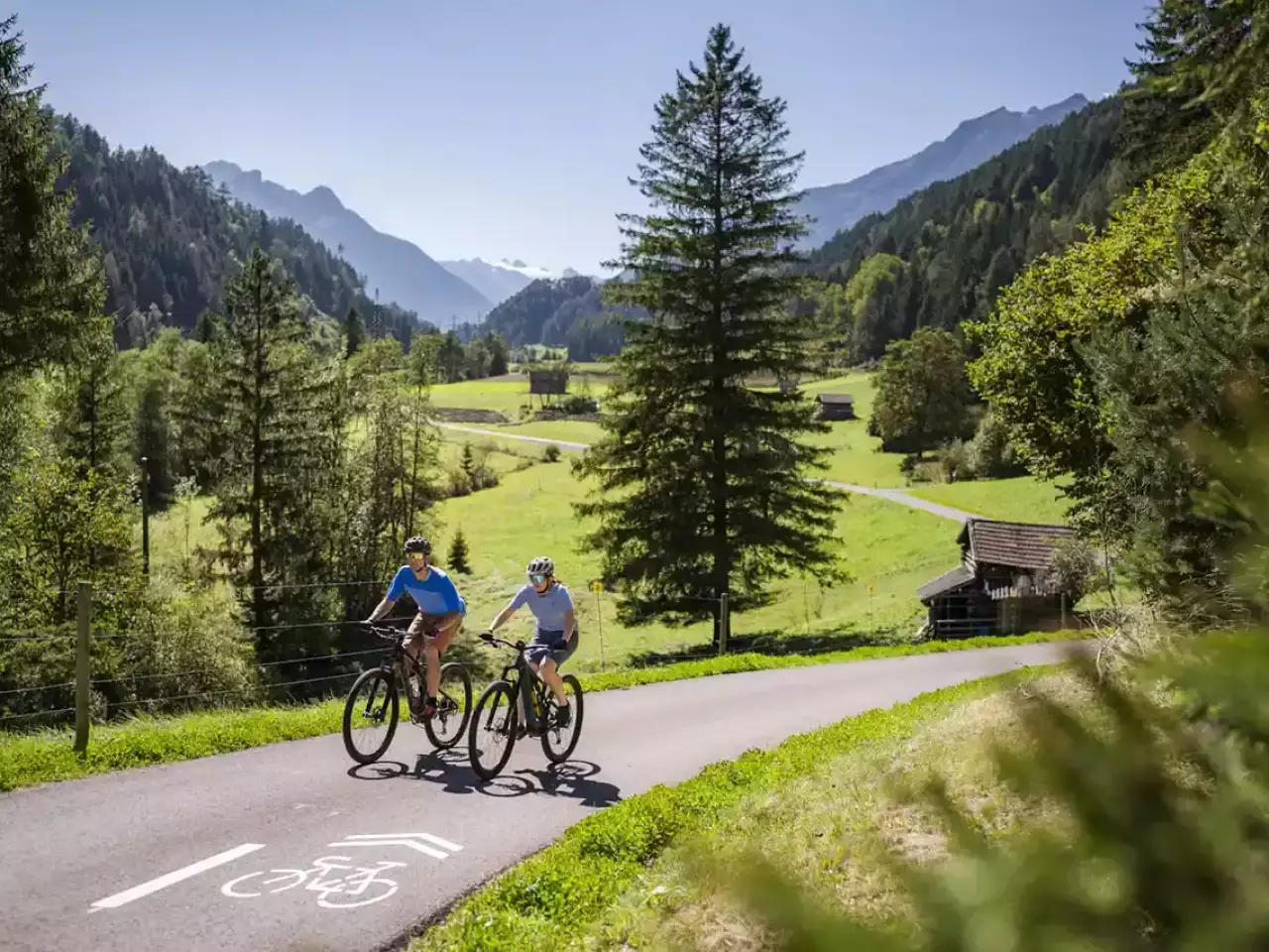 Zwei Radfahrer sind auf einer Bergstraße unterwegs im Wald mit Bergen